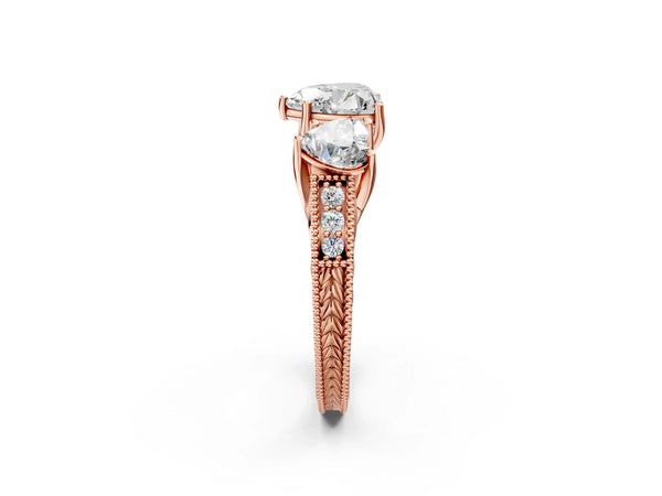 Rose gold Three-Stone Heart Cut Cut Milgrain Pavé Engagement Ring