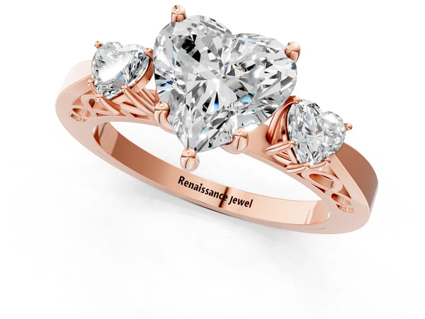 Rose gold Three-Stone Heart Cut Diamond Cathedral Engagement Ring with Prong Setting