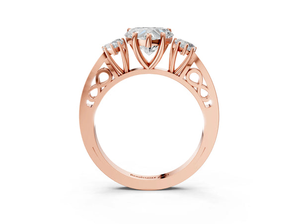 Rose gold Three-Stone Heart Cut Diamond Cathedral Engagement Ring with Prong Setting
