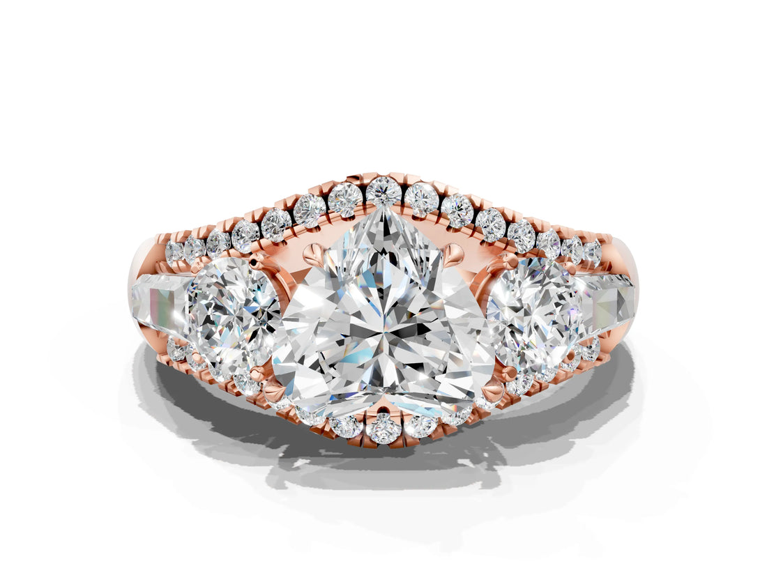 Rose gold Three-Stone Heart Cut Diamond Engagement Ring with Pave Band and Prong Setting_6