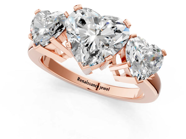 Rose Gold Heart-Shaped Three Stone Engagement Ring Setting with Large Side Stones