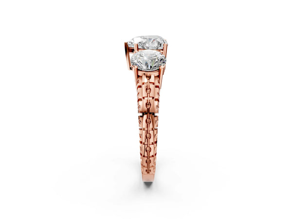 Rose Gold Heart-Shaped Three-Stone Engagement Ring Setting with Engraved Notched Band