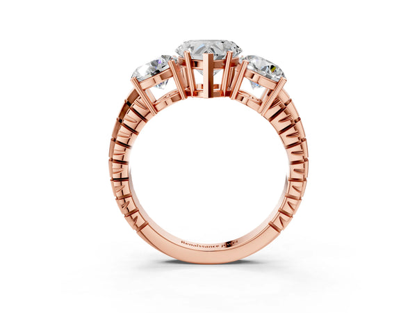 Rose Gold Heart-Shaped Three-Stone Engagement Ring Setting with Engraved Notched Band