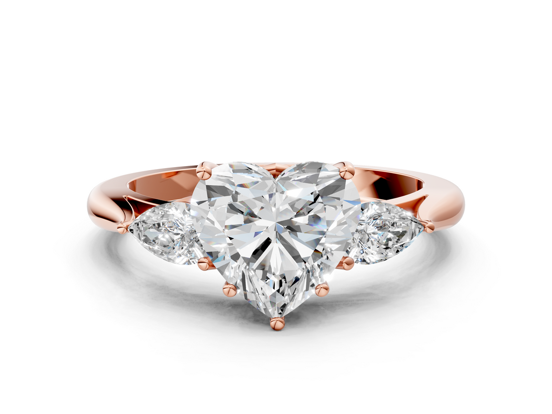 Rose gold Three-Stone Heart Cut Diamond Ring with Pear Side Stones in Four-Prong Setting_173