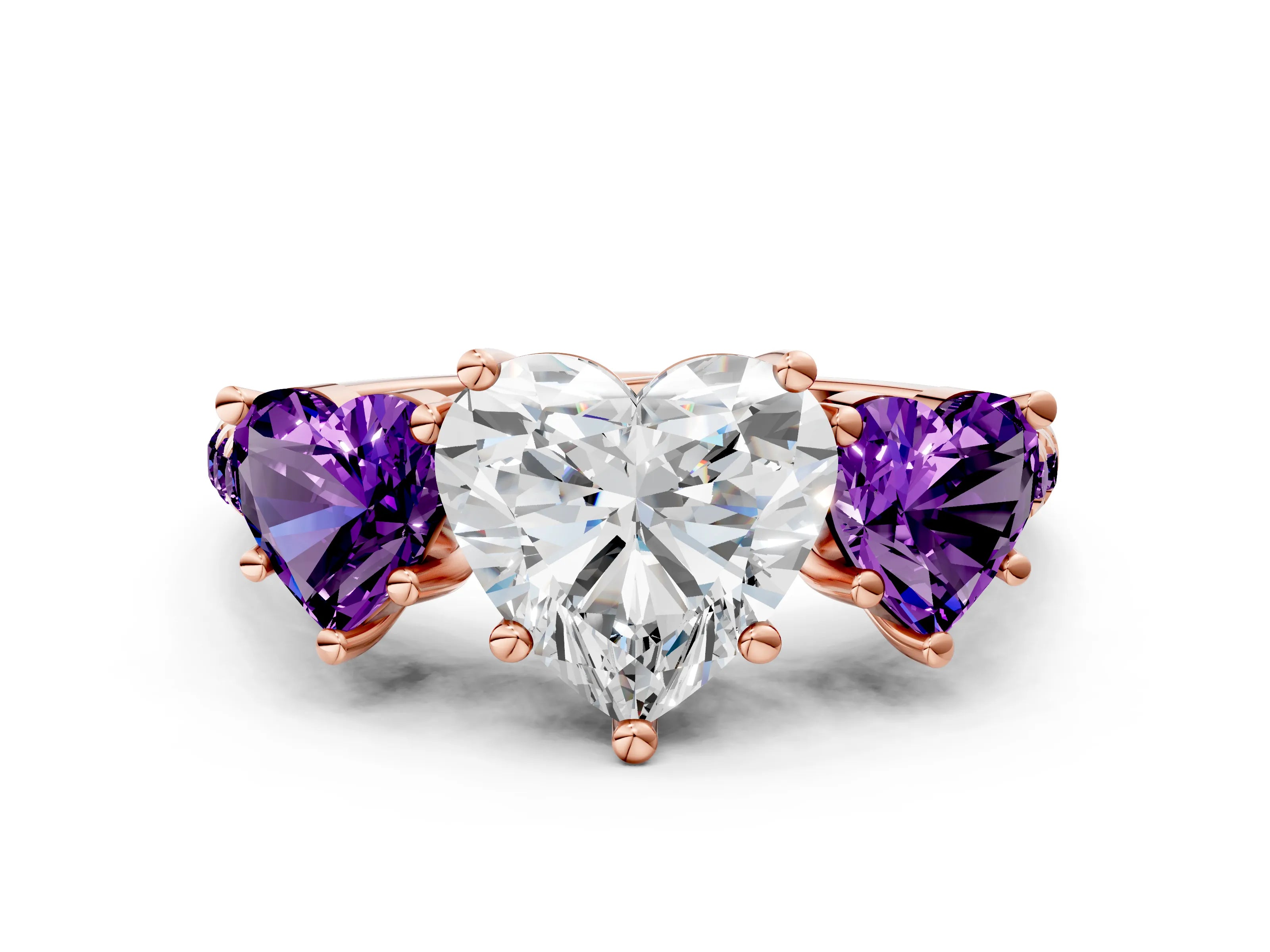 Rose gold Three-Stone Heart Cut Diamond Ring with Round with Amethyst side stone Pavé Band and Prong Setting