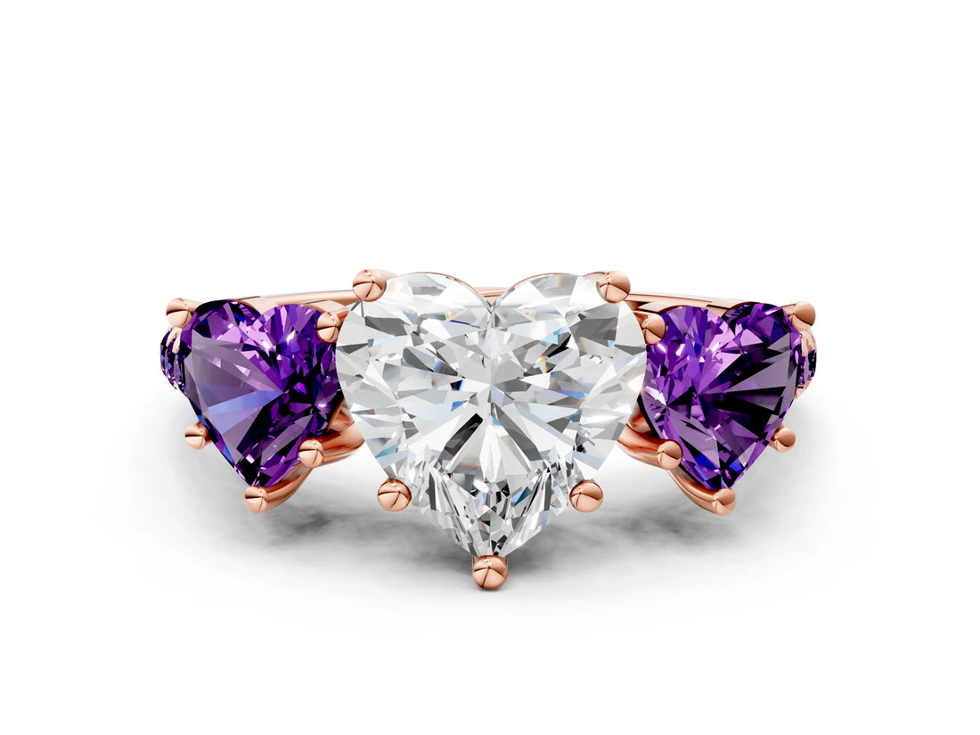 Rose gold Three-Stone Heart Cut Diamond Ring with Round with Amethyst side stone Pavé Band and Prong Setting