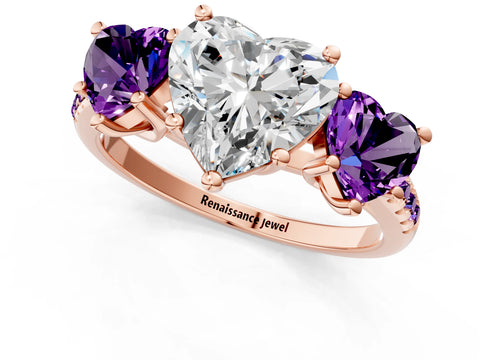 Rose gold Three-Stone Heart Cut Diamond Ring with Round with Amethyst side stone Pavé Band and Prong Setting_1