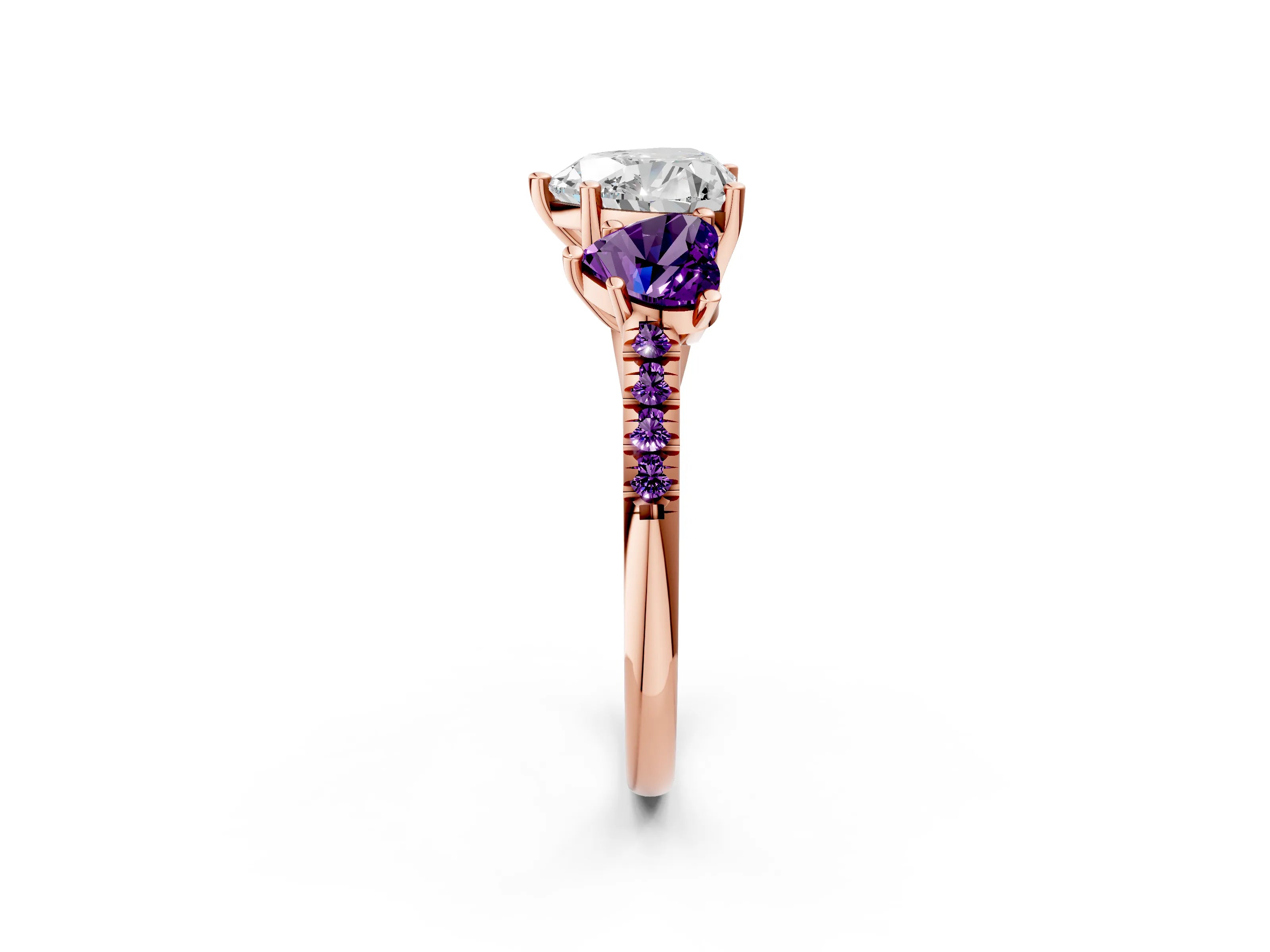 Rose gold Three-Stone Heart Cut Diamond Ring with Round with Amethyst side stone Pavé Band and Prong Setting_2