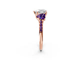 Rose gold Three-Stone Heart Cut Diamond Ring with Round with Amethyst side stone Pavé Band and Prong Setting_2