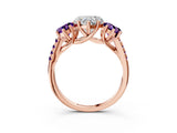 Rose gold Three-Stone Heart Cut Diamond Ring with Round with Amethyst side stone Pavé Band and Prong Setting_3