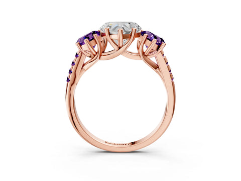 Rose gold Three-Stone Heart Cut Diamond Ring with Round with Amethyst side stone Pavé Band and Prong Setting_3