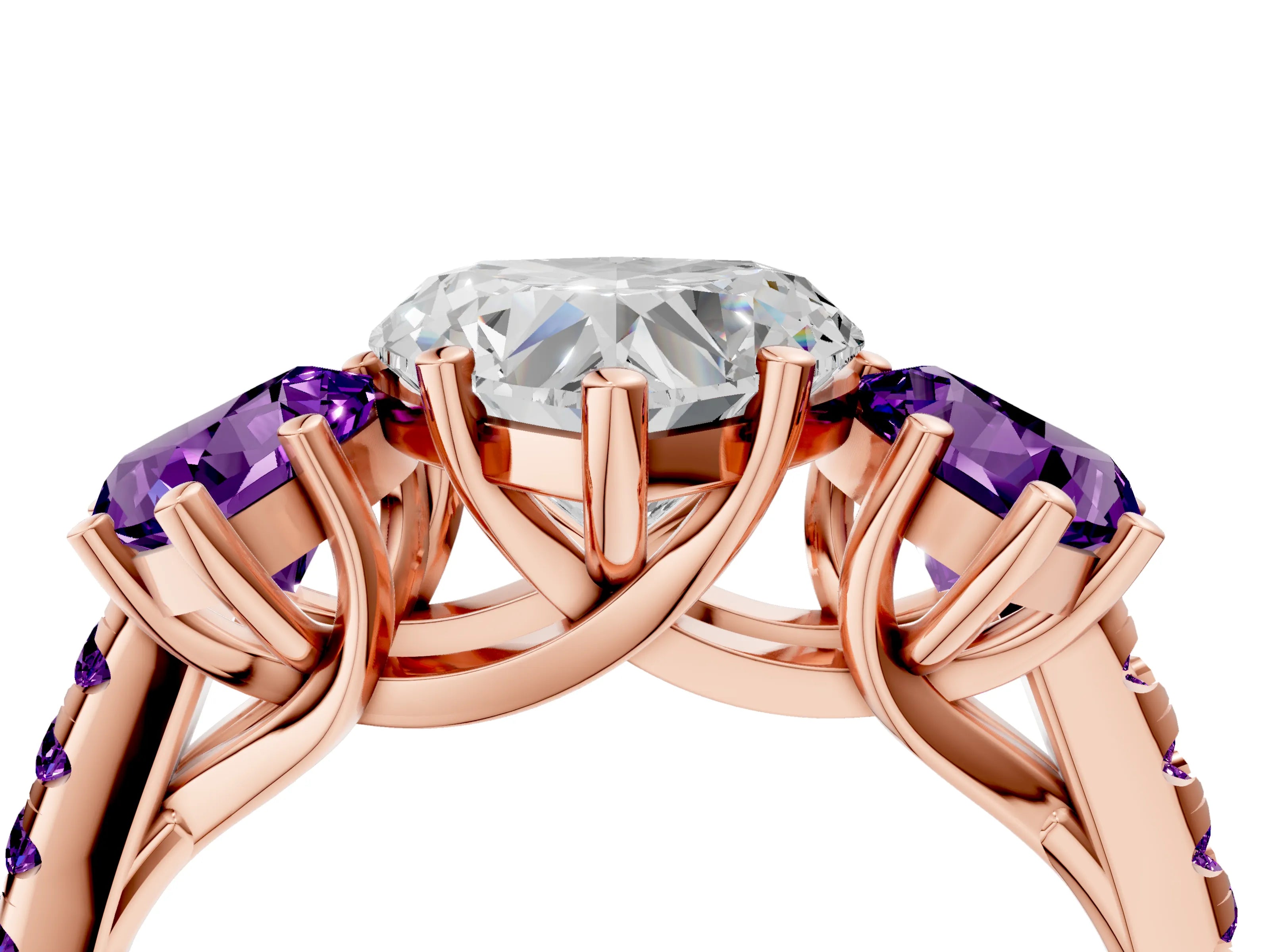 Rose gold Three-Stone Heart Cut Diamond Ring with Round with Amethyst side stone Pavé Band and Prong Setting_4