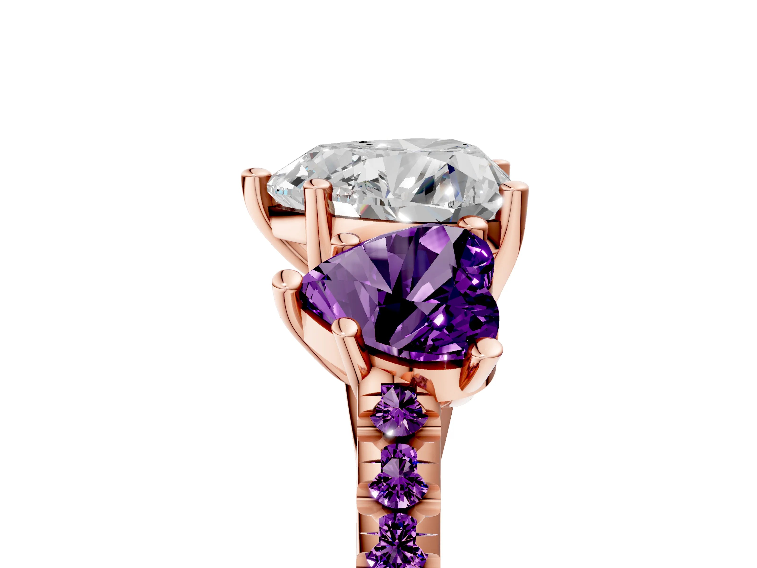Rose gold Three-Stone Heart Cut Diamond Ring with Round with Amethyst side stone Pavé Band and Prong Setting_5