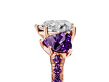 Rose gold Three-Stone Heart Cut Diamond Ring with Round with Amethyst side stone Pavé Band and Prong Setting_5