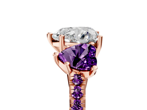 Rose gold Three-Stone Heart Cut Diamond Ring with Round with Amethyst side stone Pavé Band and Prong Setting_5