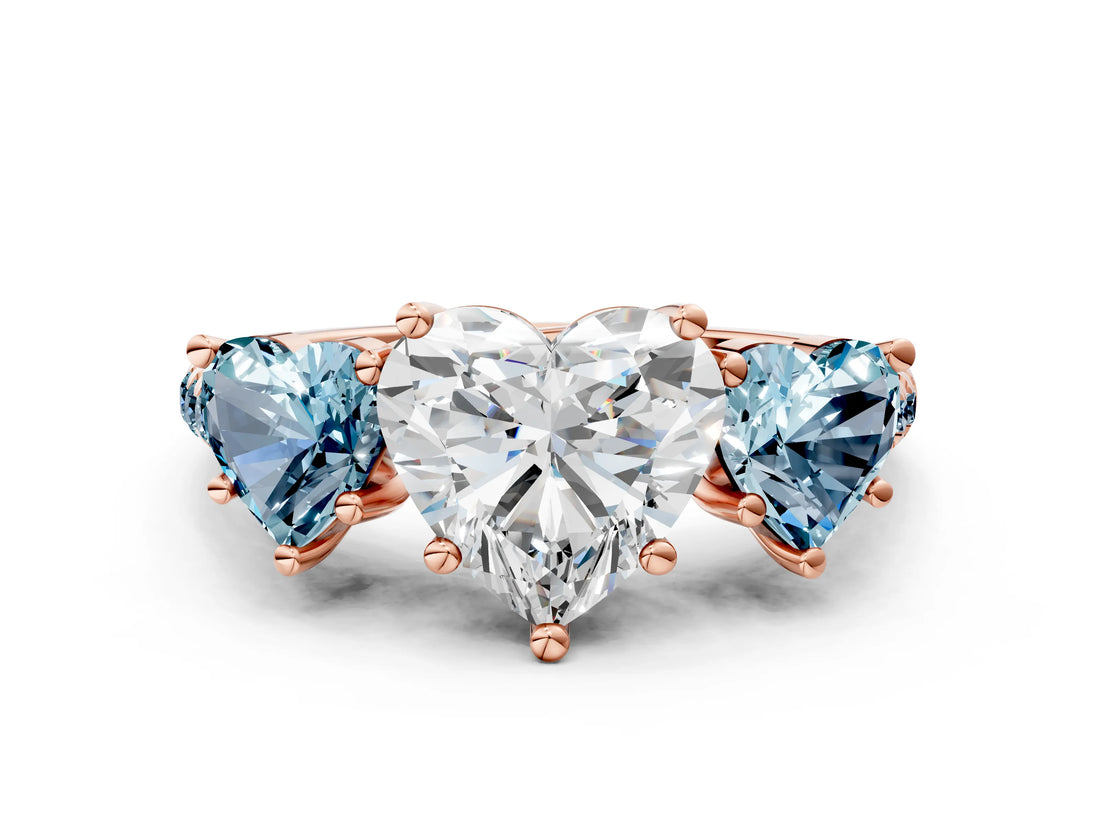 Rose gold Three-Stone Heart Cut Diamond Ring with Round with Aquamarine side stone Pavé Band and Prong Setting