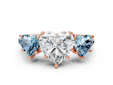 Rose gold Three-Stone Heart Cut Diamond Ring with Round with Aquamarine side stone Pavé Band and Prong Setting