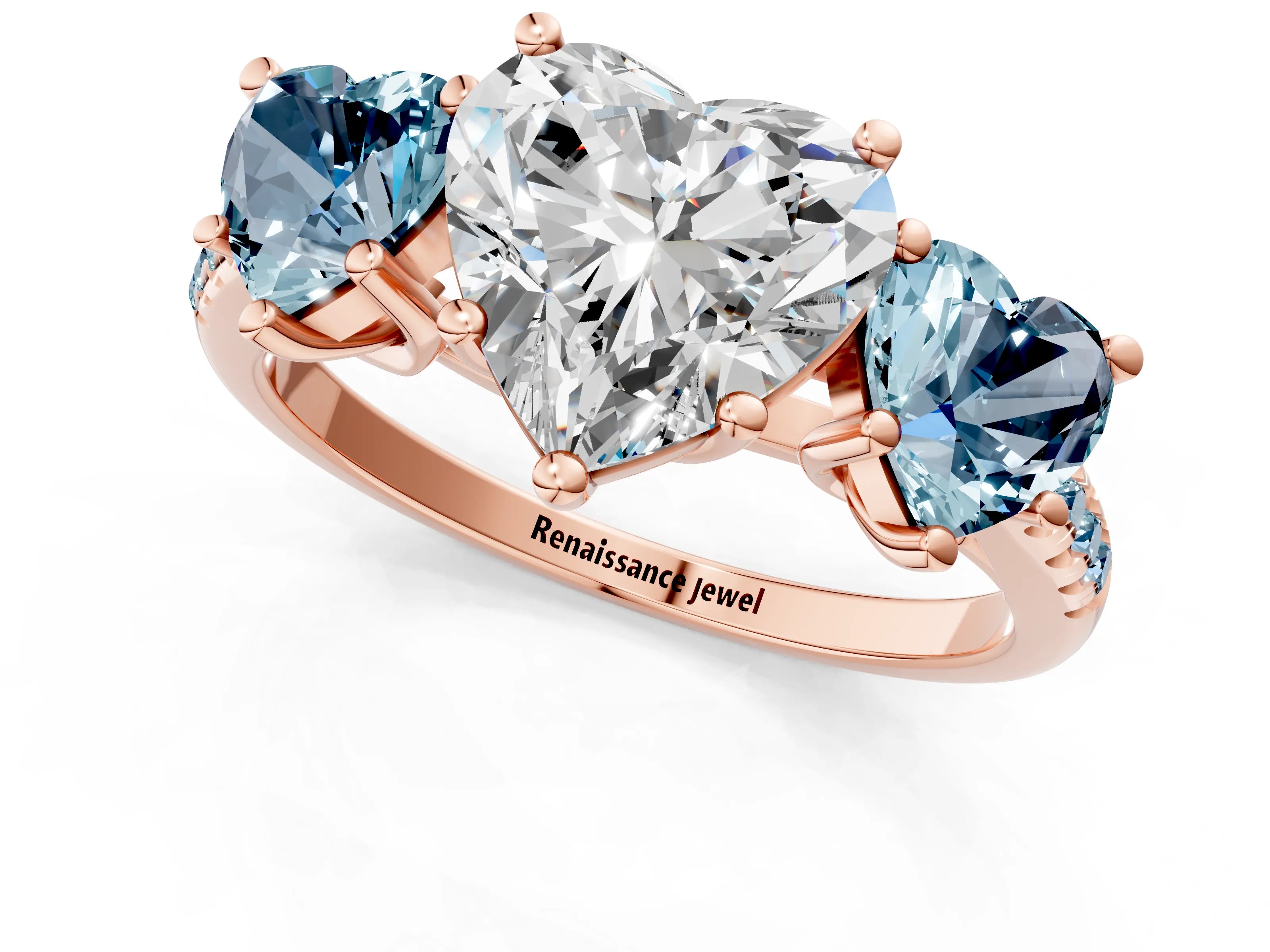 Rose gold Three-Stone Heart Cut Diamond Ring with Round with Aquamarine side stone Pavé Band and Prong Setting_1