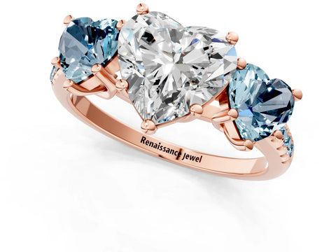 Rose gold Three-Stone Heart Cut Diamond Ring with Round with Aquamarine side stone Pavé Band and Prong Setting_1