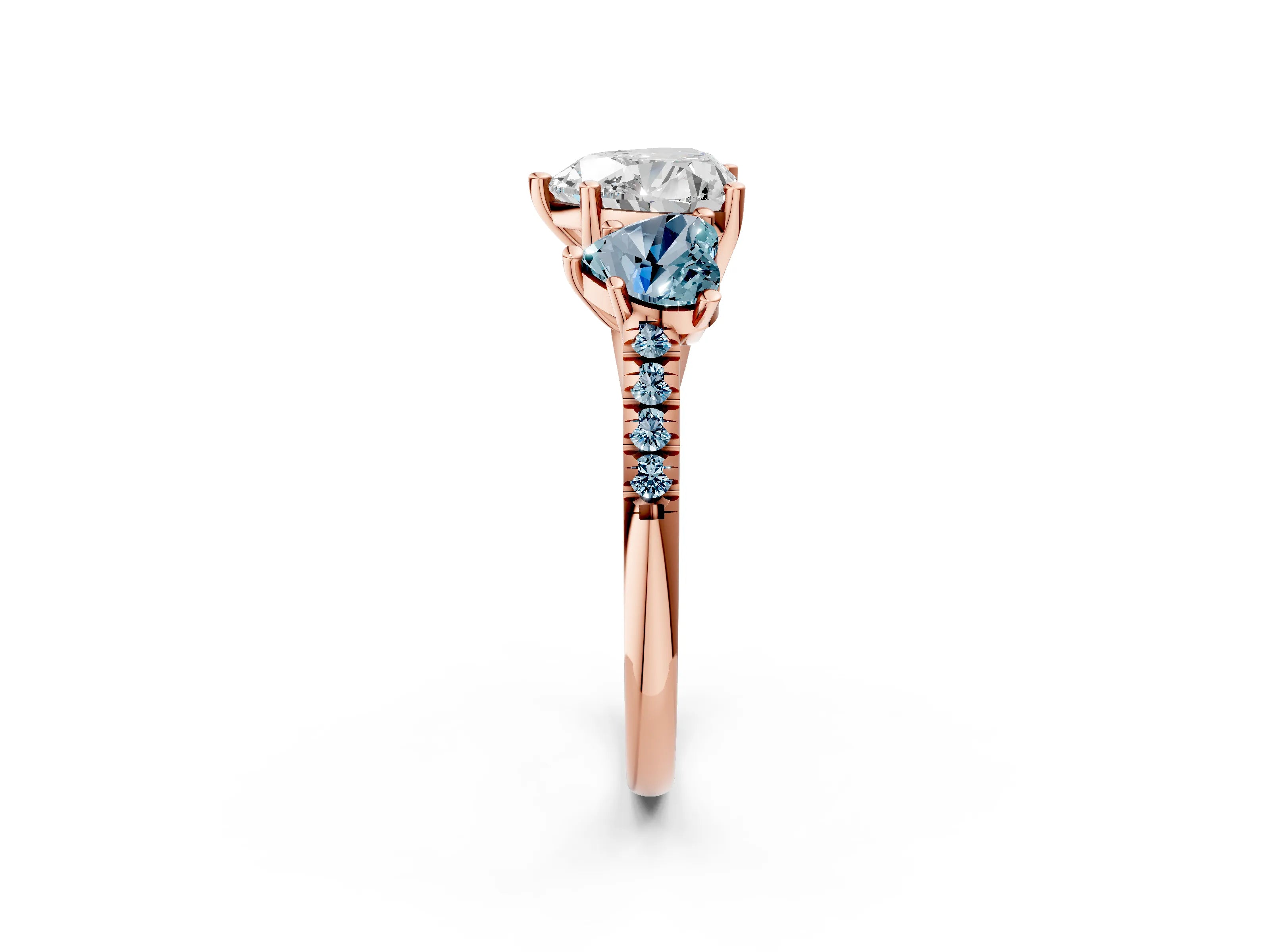 Rose gold Three-Stone Heart Cut Diamond Ring with Round with Aquamarine side stone Pavé Band and Prong Setting_2