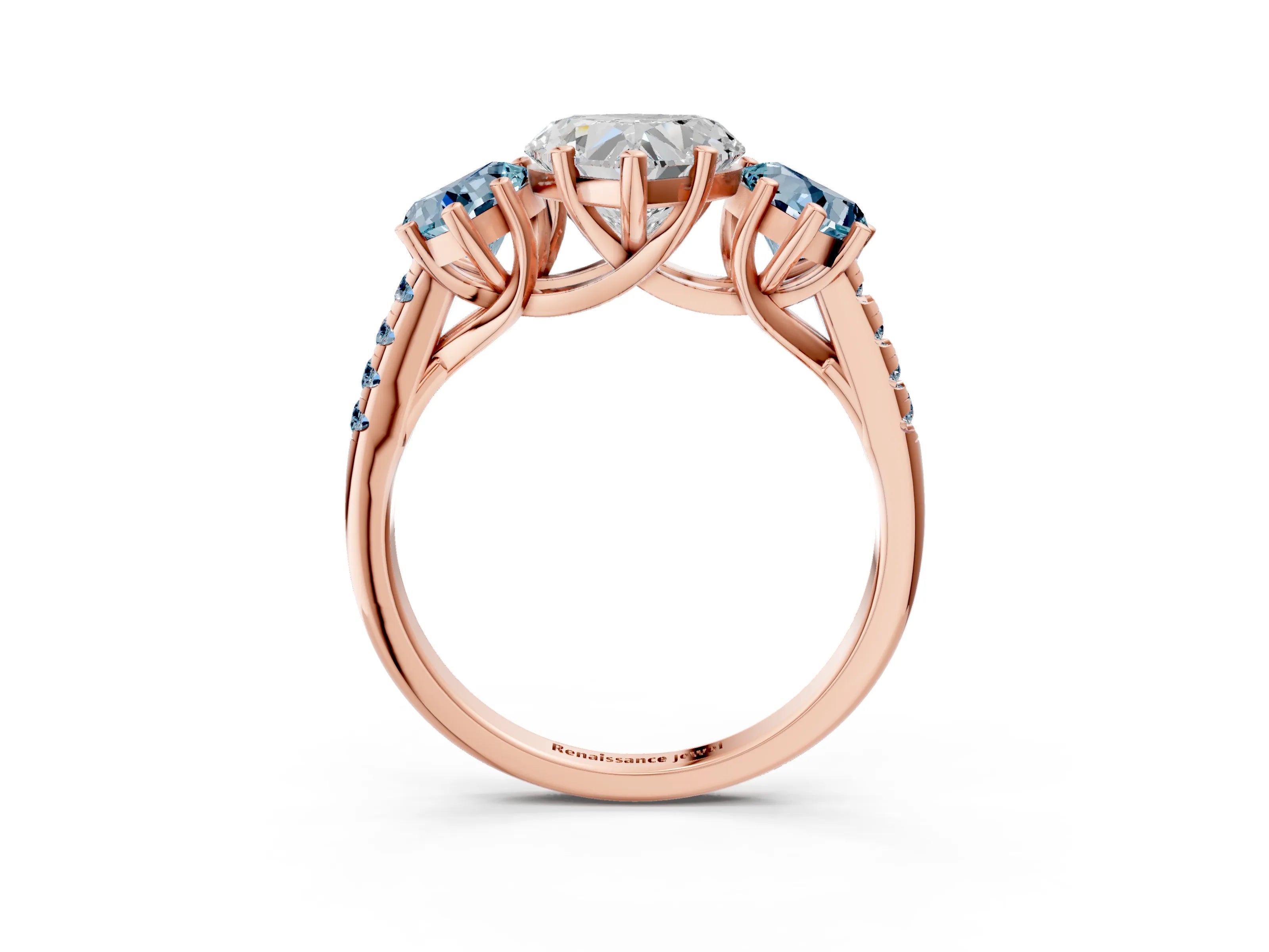 Rose gold Three-Stone Heart Cut Diamond Ring with Round with Aquamarine side stone Pavé Band and Prong Setting_3