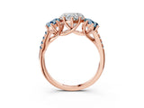 Rose gold Three-Stone Heart Cut Diamond Ring with Round with Aquamarine side stone Pavé Band and Prong Setting_3