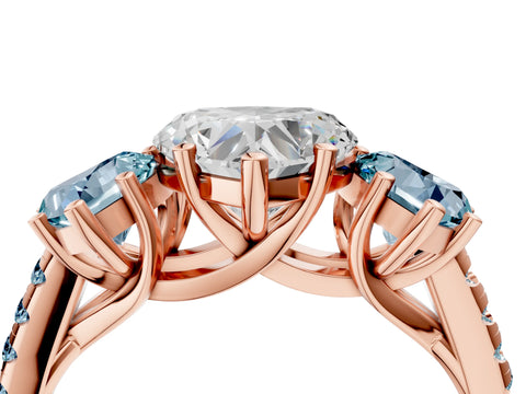 Rose gold Three-Stone Heart Cut Diamond Ring with Round with Aquamarine side stone Pavé Band and Prong Setting_4
