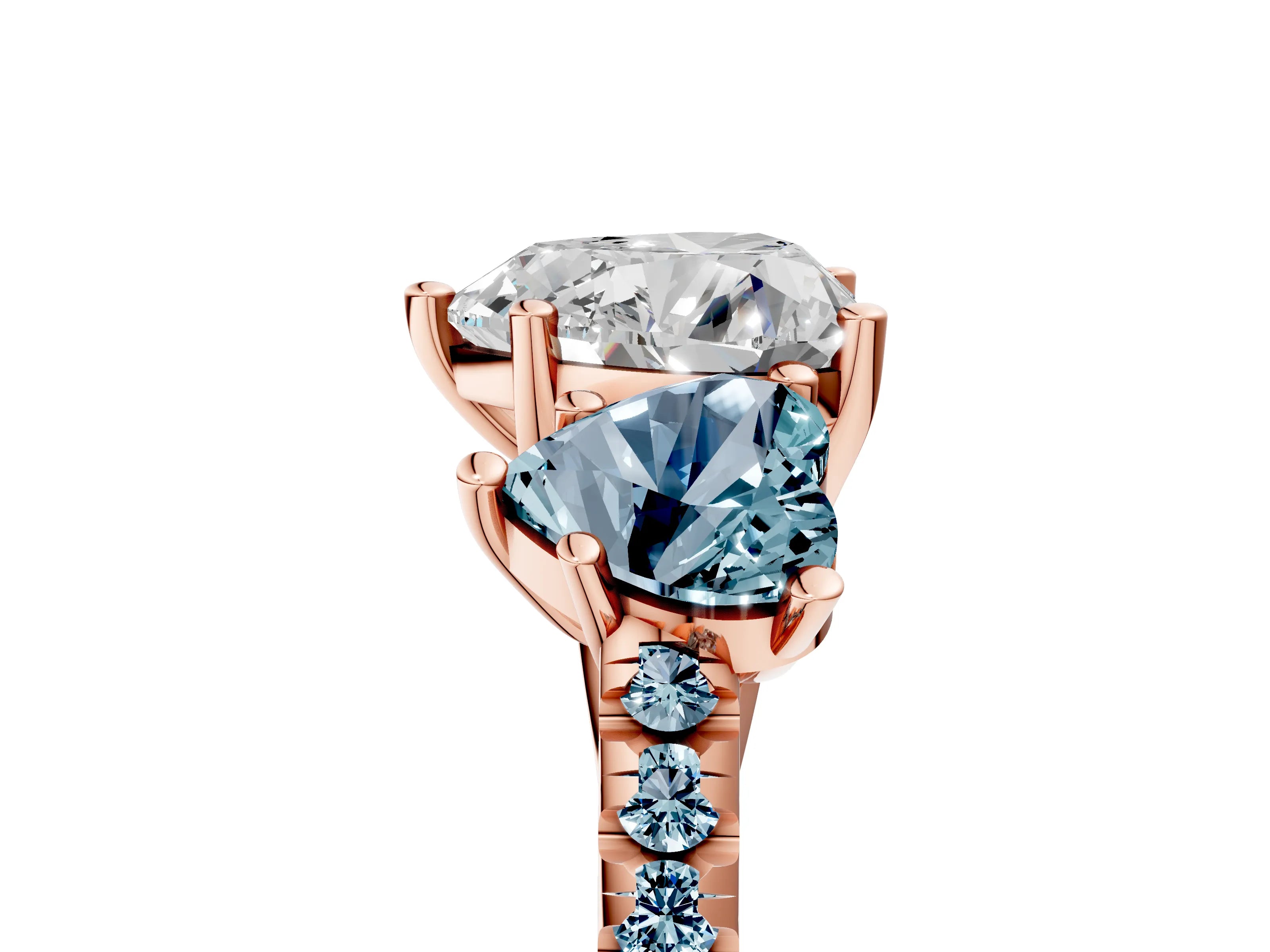 Rose gold Three-Stone Heart Cut Diamond Ring with Round with Aquamarine side stone Pavé Band and Prong Setting_5