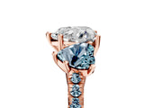 Rose gold Three-Stone Heart Cut Diamond Ring with Round with Aquamarine side stone Pavé Band and Prong Setting_5