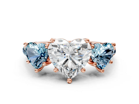 Rose gold Three-Stone Heart Cut Diamond Ring with Round with Aquamarine side stone Pavé Band and Prong Setting
