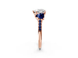 Rose gold Three-Stone Heart Cut Diamond Ring with Round with Blue Sapphire side stone Pavé Band and Prong Setting_2