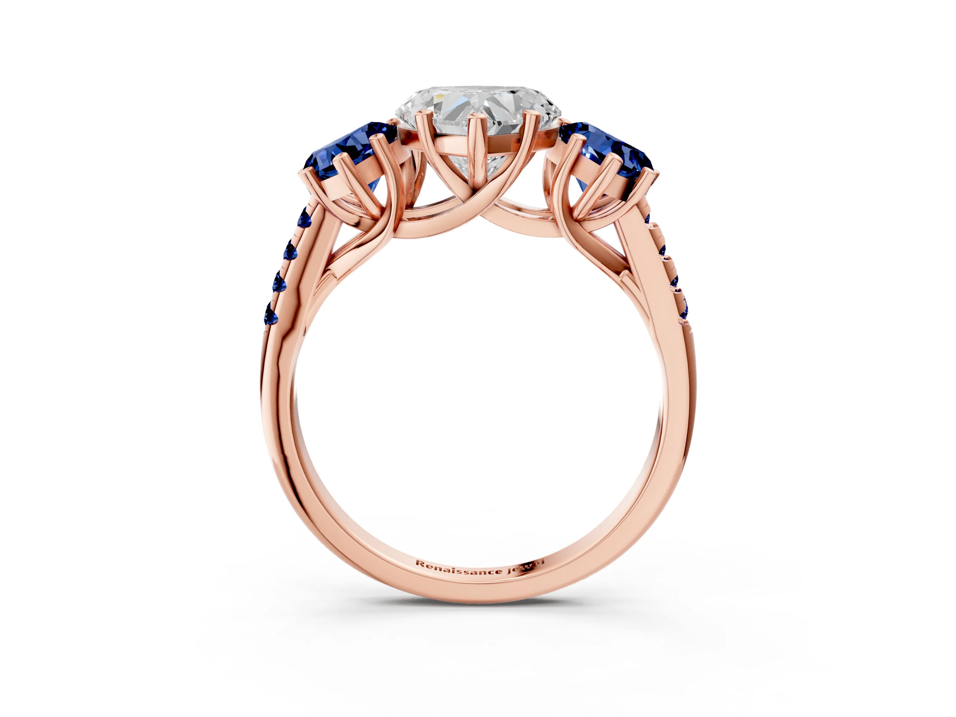 Rose gold Three-Stone Heart Cut Diamond Ring with Round with Blue Sapphire side stone Pavé Band and Prong Setting_3