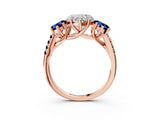 Rose gold Three-Stone Heart Cut Diamond Ring with Round with Blue Sapphire side stone Pavé Band and Prong Setting_3