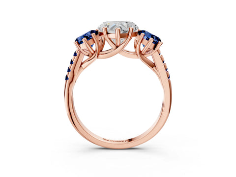 Rose gold Three-Stone Heart Cut Diamond Ring with Round with Blue Sapphire side stone Pavé Band and Prong Setting_3
