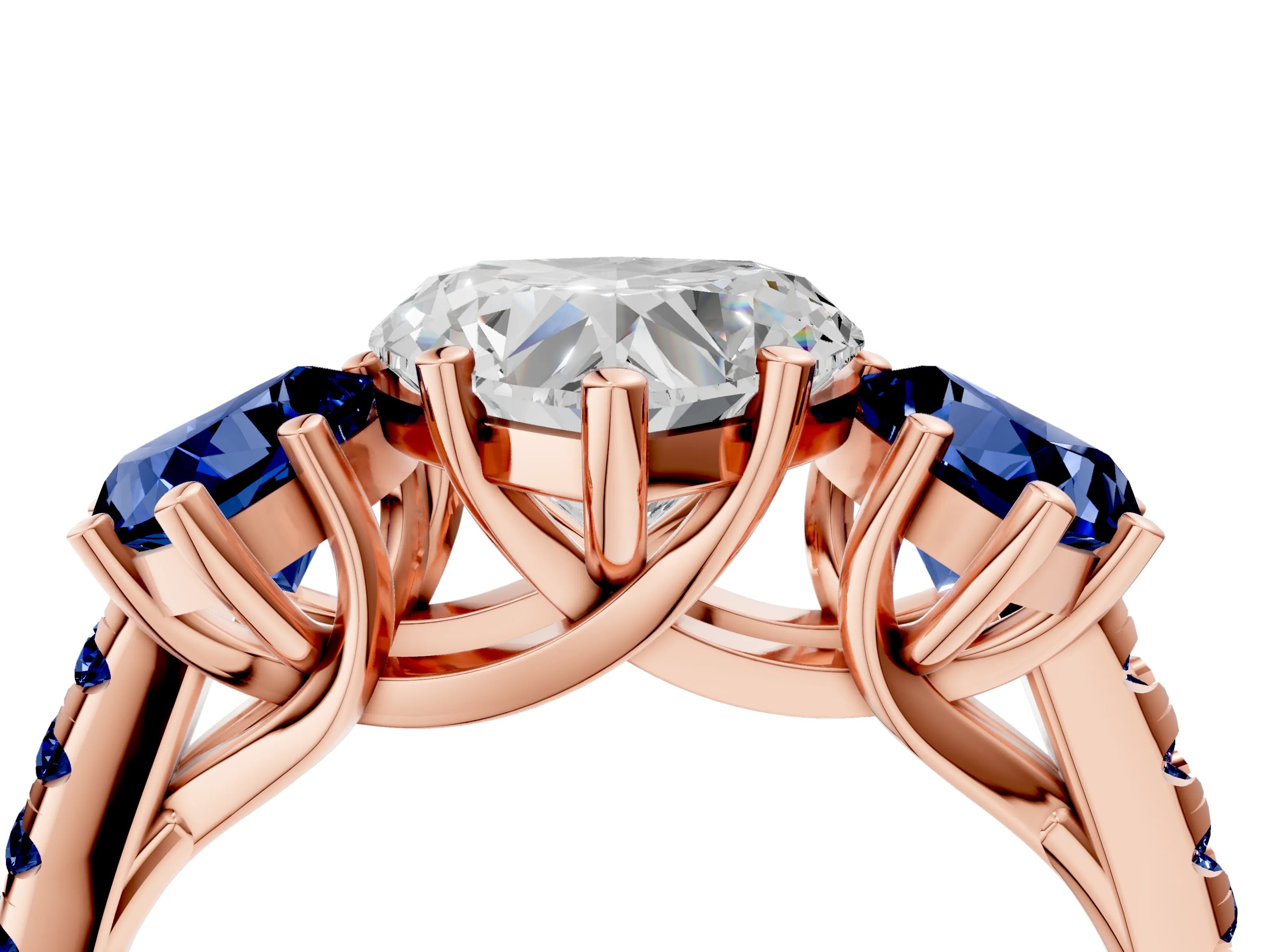 Rose gold Three-Stone Heart Cut Diamond Ring with Round with Blue Sapphire side stone Pavé Band and Prong Setting_4