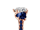 Rose gold Three-Stone Heart Cut Diamond Ring with Round with Blue Sapphire side stone Pavé Band and Prong Setting_5