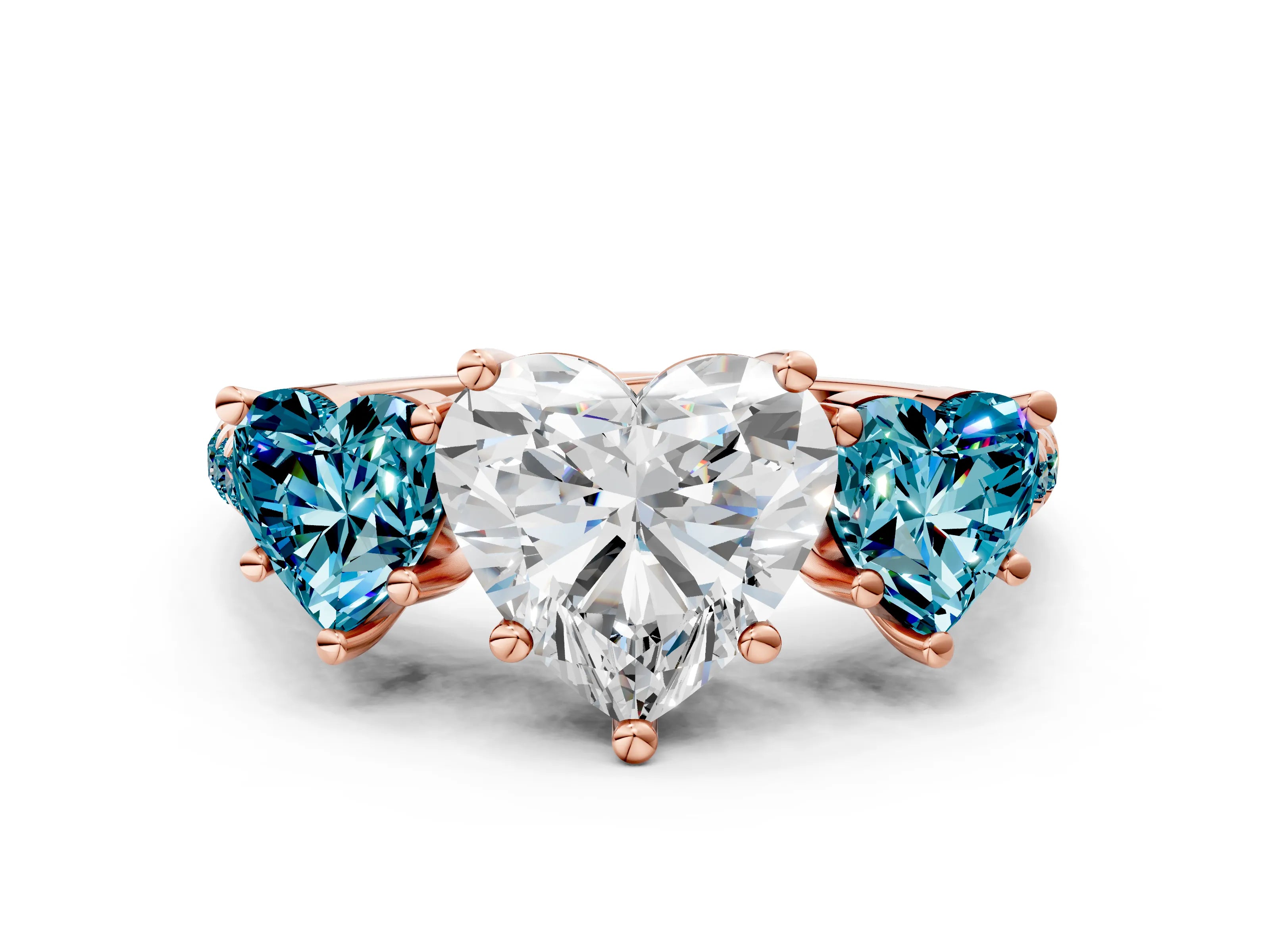 Rose gold Three-Stone Heart Cut Diamond Ring with Round with Blue Topaz side stone Pavé Band and Prong Setting