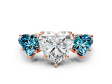 Rose gold Three-Stone Heart Cut Diamond Ring with Round with Blue Topaz side stone Pavé Band and Prong Setting
