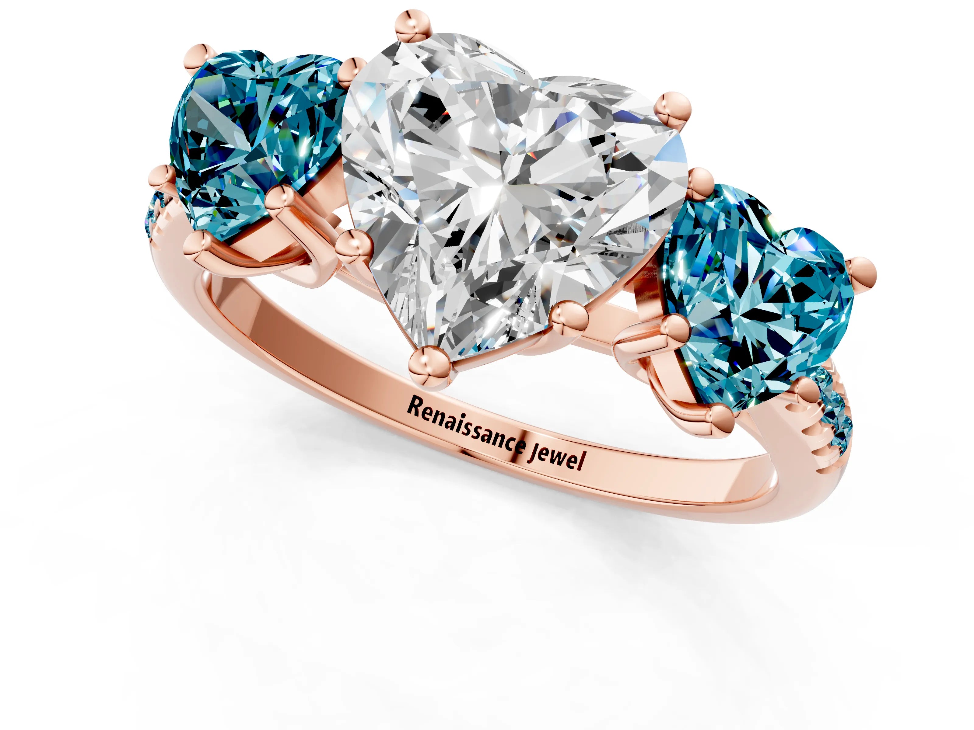 Rose gold Three-Stone Heart Cut Diamond Ring with Round with Blue Topaz side stone Pavé Band and Prong Setting_1