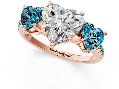 Rose gold Three-Stone Heart Cut Diamond Ring with Round with Blue Topaz side stone Pavé Band and Prong Setting_1