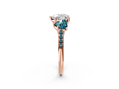 Rose gold Three-Stone Heart Cut Diamond Ring with Round with Blue Topaz side stone Pavé Band and Prong Setting_2