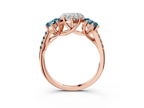 Rose gold Three-Stone Heart Cut Diamond Ring with Round with Blue Topaz side stone Pavé Band and Prong Setting_3