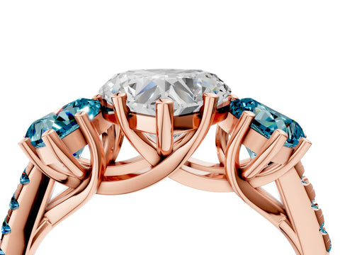 Rose gold Three-Stone Heart Cut Diamond Ring with Round with Blue Topaz side stone Pavé Band and Prong Setting_4