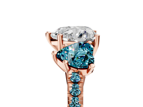Rose gold Three-Stone Heart Cut Diamond Ring with Round with Blue Topaz side stone Pavé Band and Prong Setting_5