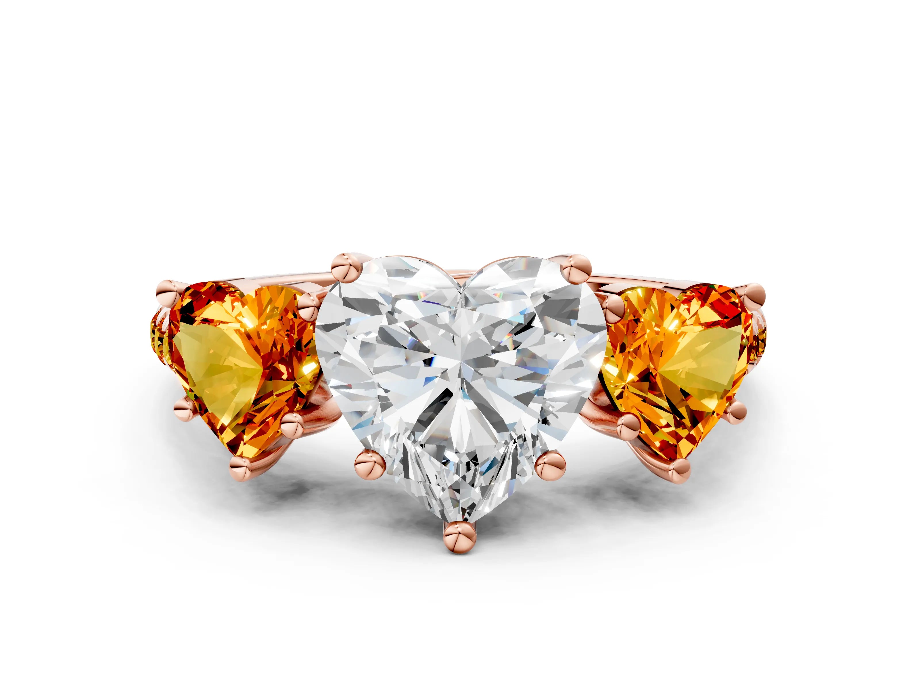 Rose gold Three-Stone Heart Cut Diamond Ring with Round with Citrine side stone Pavé Band and Prong Setting