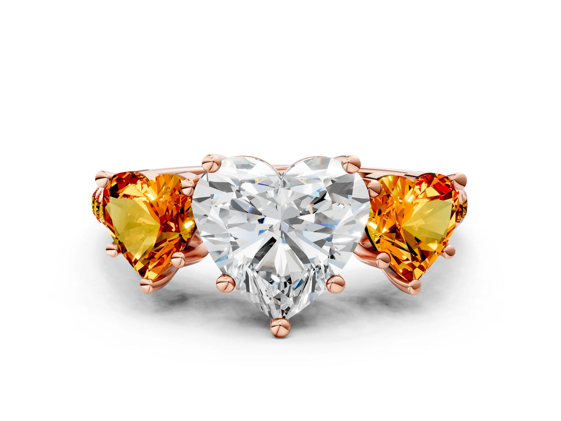 Rose gold Three-Stone Heart Cut Diamond Ring with Round with Citrine side stone Pavé Band and Prong Setting
