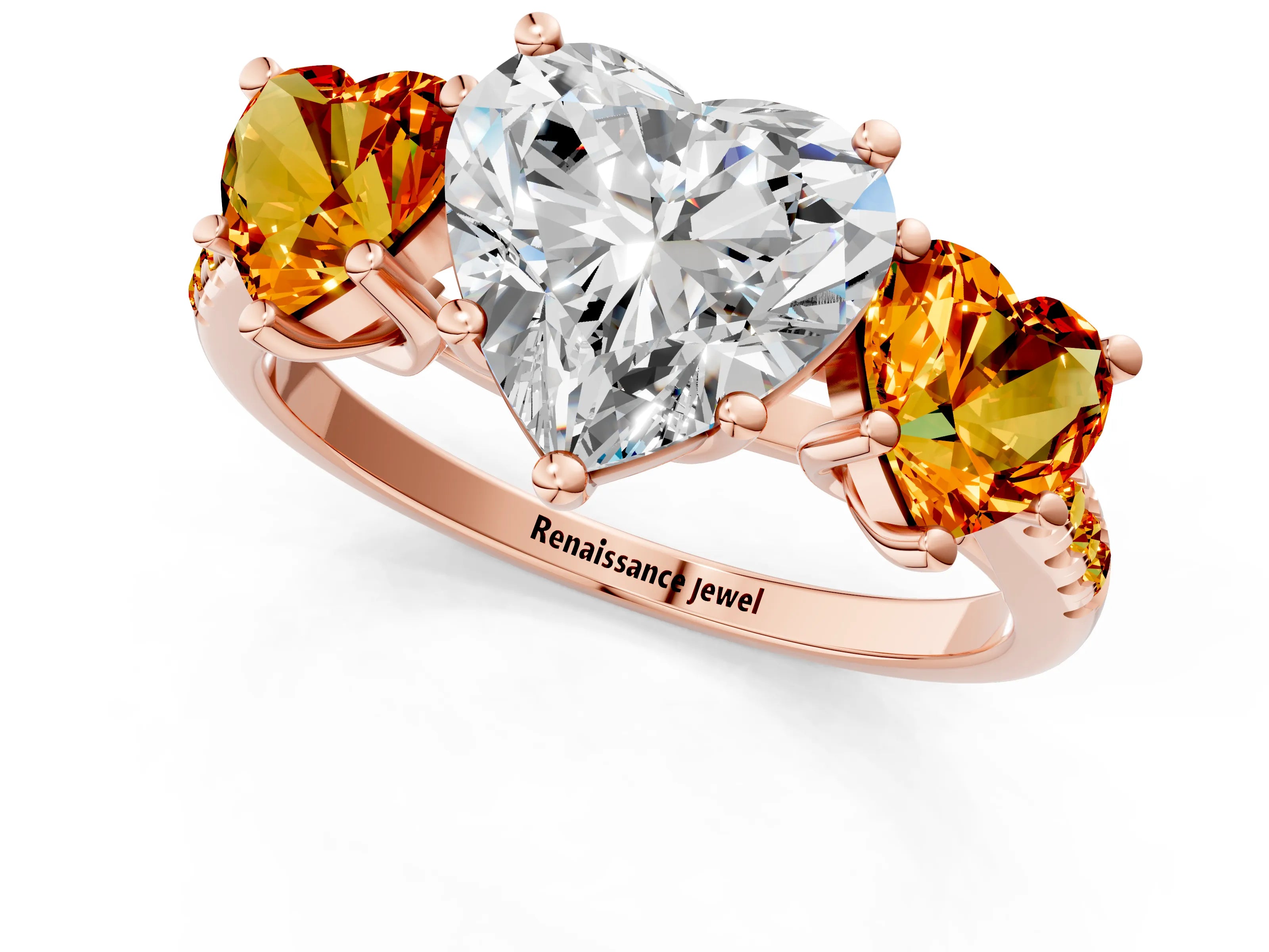Rose gold Three-Stone Heart Cut Diamond Ring with Round with Citrine side stone Pavé Band and Prong Setting_1