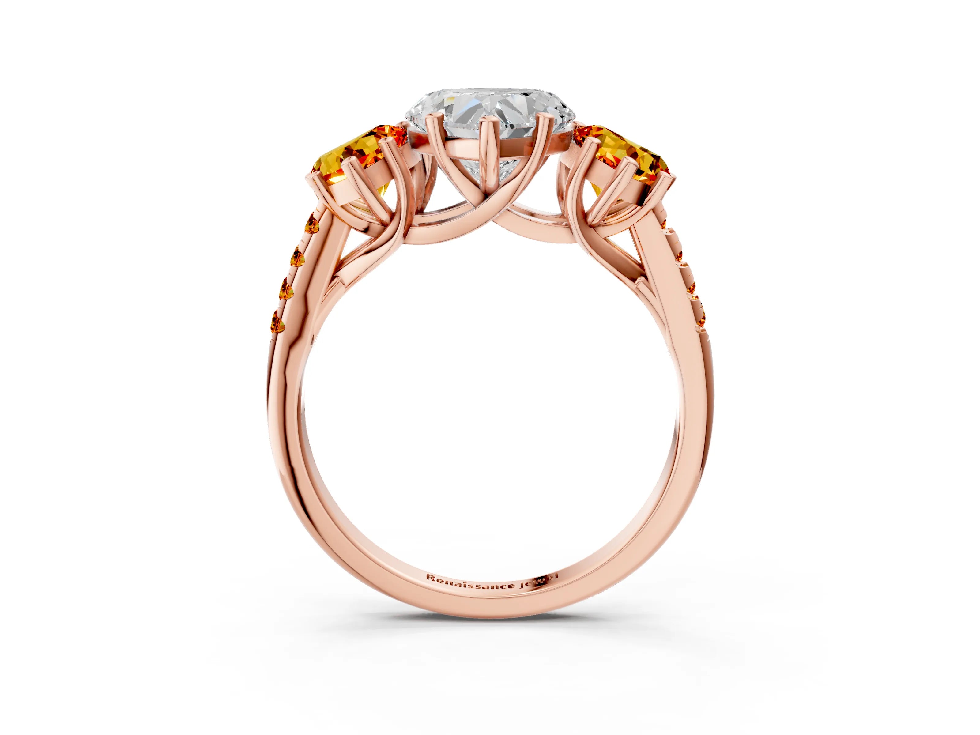 Rose gold Three-Stone Heart Cut Diamond Ring with Round with Citrine side stone Pavé Band and Prong Setting_3