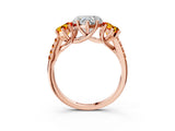 Rose gold Three-Stone Heart Cut Diamond Ring with Round with Citrine side stone Pavé Band and Prong Setting_3