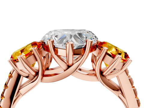 Rose gold Three-Stone Heart Cut Diamond Ring with Round with Citrine side stone Pavé Band and Prong Setting_4